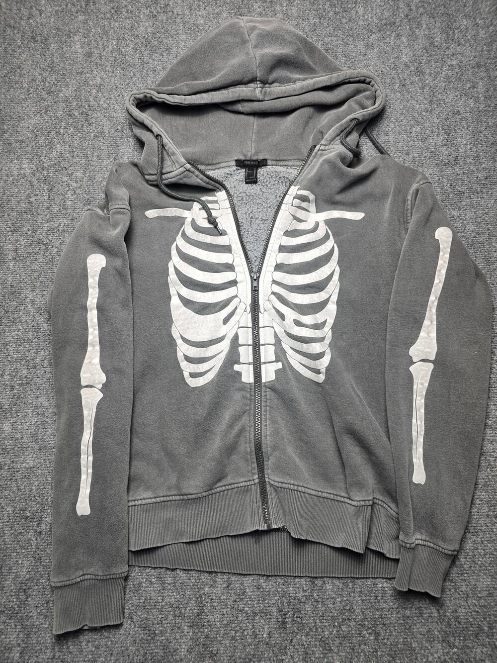 Forever 21 Skeleton Zip Up Hoodie Womens M Gray White Ribcage Bone Graphic